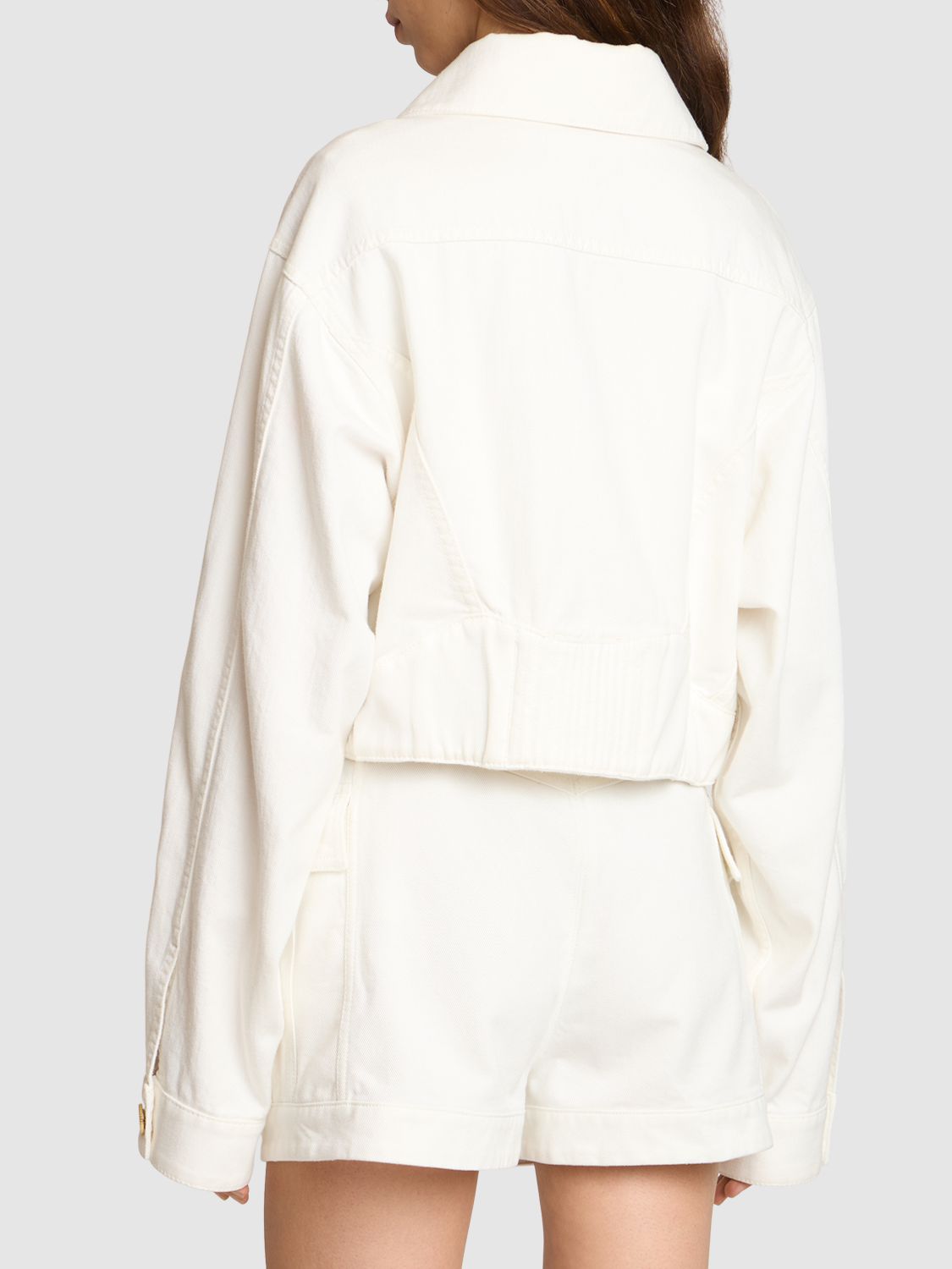 Balmain Cotton Denim Buttoned Crop Jacket In White
