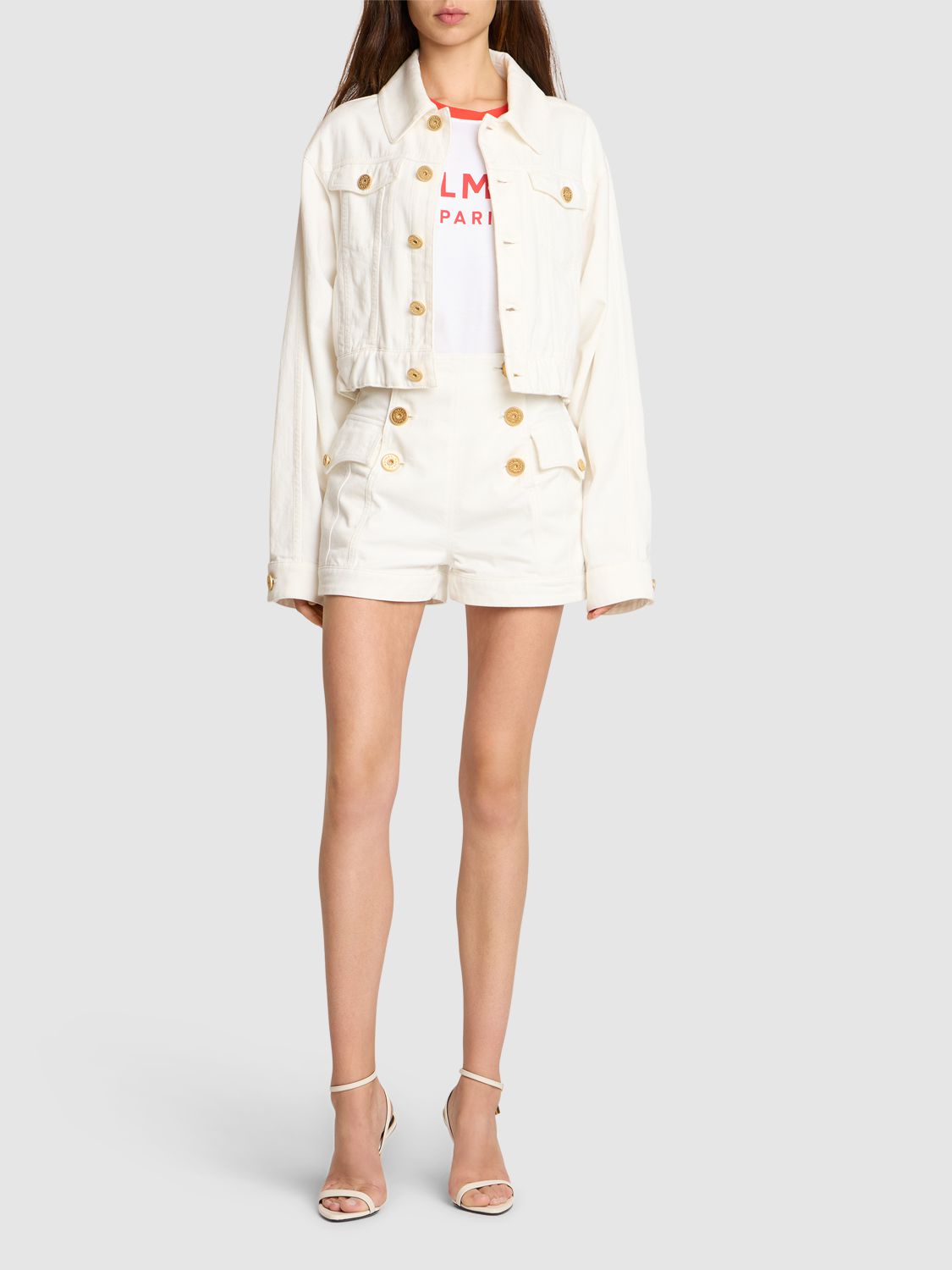 Balmain Cotton Denim Buttoned Crop Jacket In White