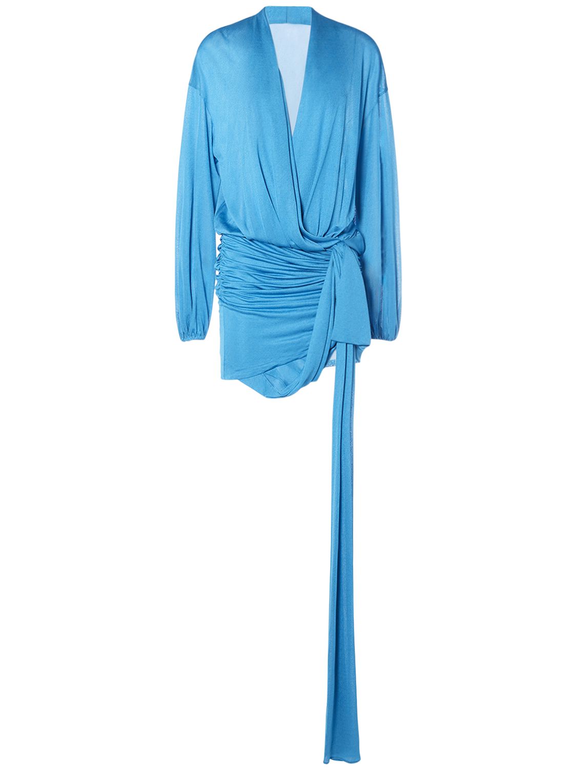 Blumarine Draped Viscose Jersey Mini Dress W/bow In Blue