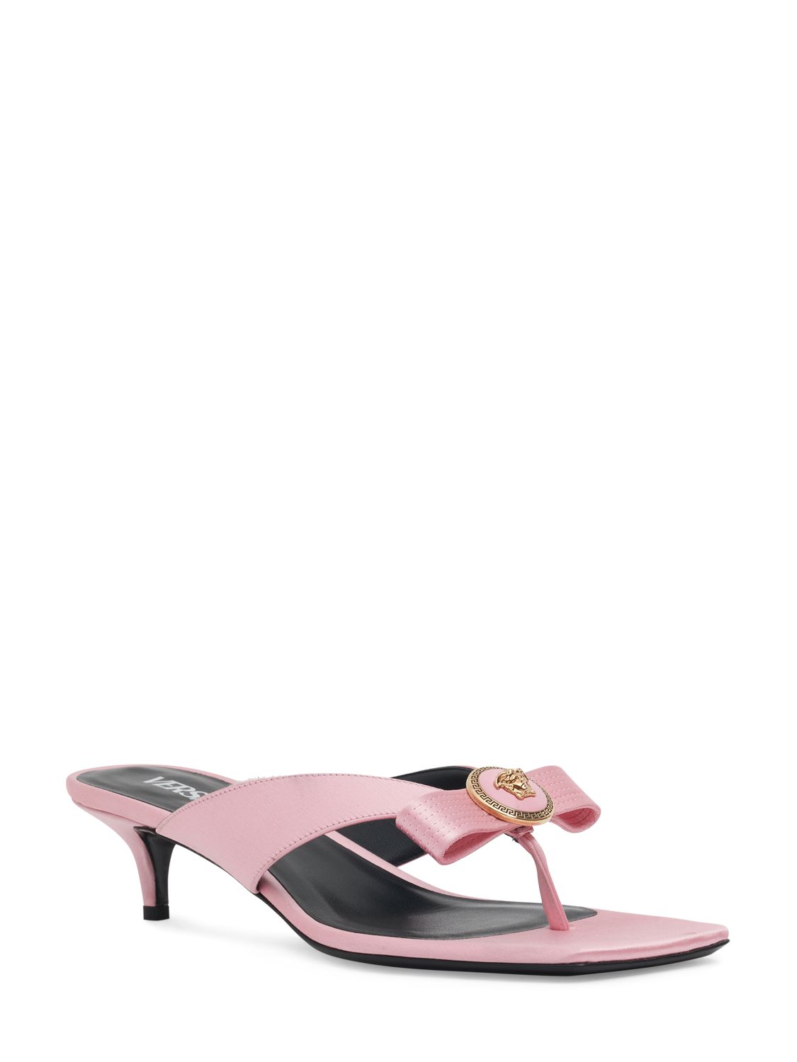 Versace Woman Pink Satin Gianni Ribbon Thong Mules In Pink