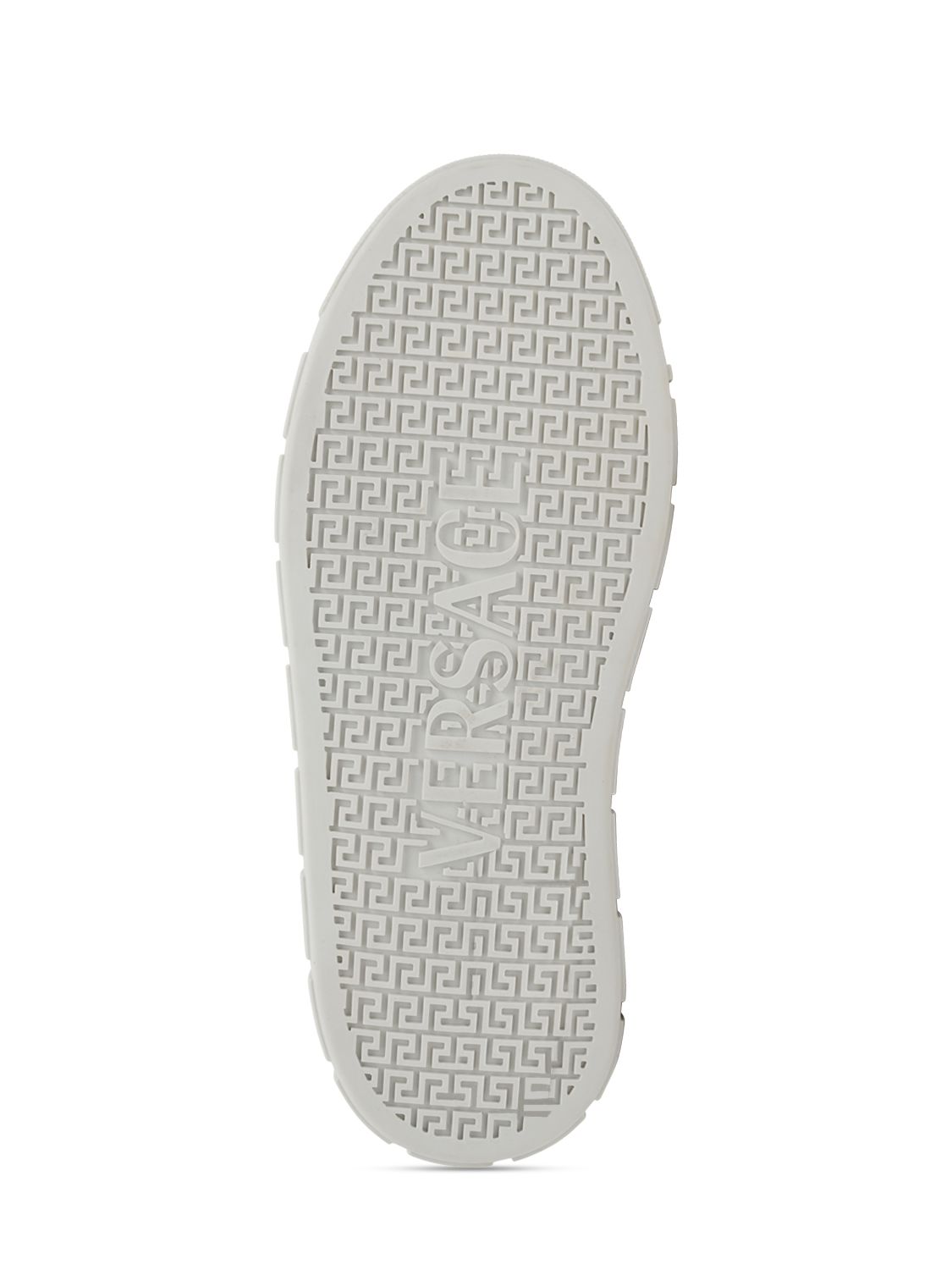 Versace Leather Sneakers Greca Embroidered Detail Gold Accents In White,gold