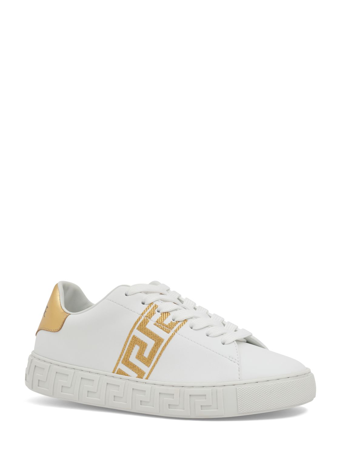 Versace Leather Sneakers Greca Embroidered Detail Gold Accents In White,gold