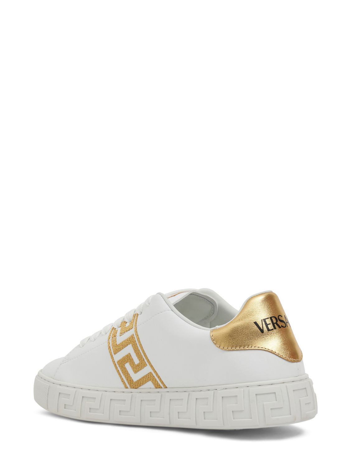 Versace Leather Sneakers Greca Embroidered Detail Gold Accents In White,gold