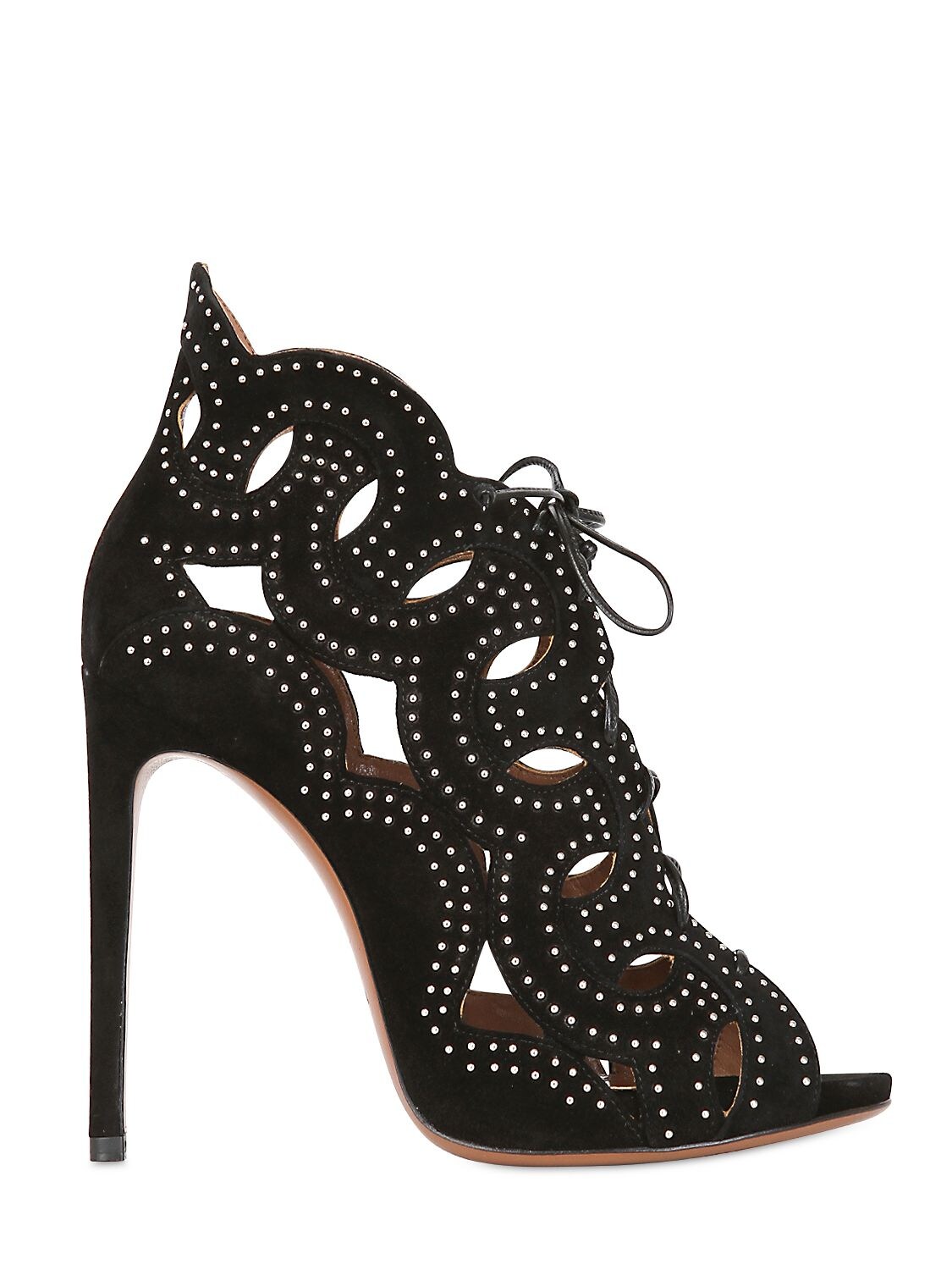 Alaïa 115mm Studded Suede Lace Up Sandals In Black/silver
