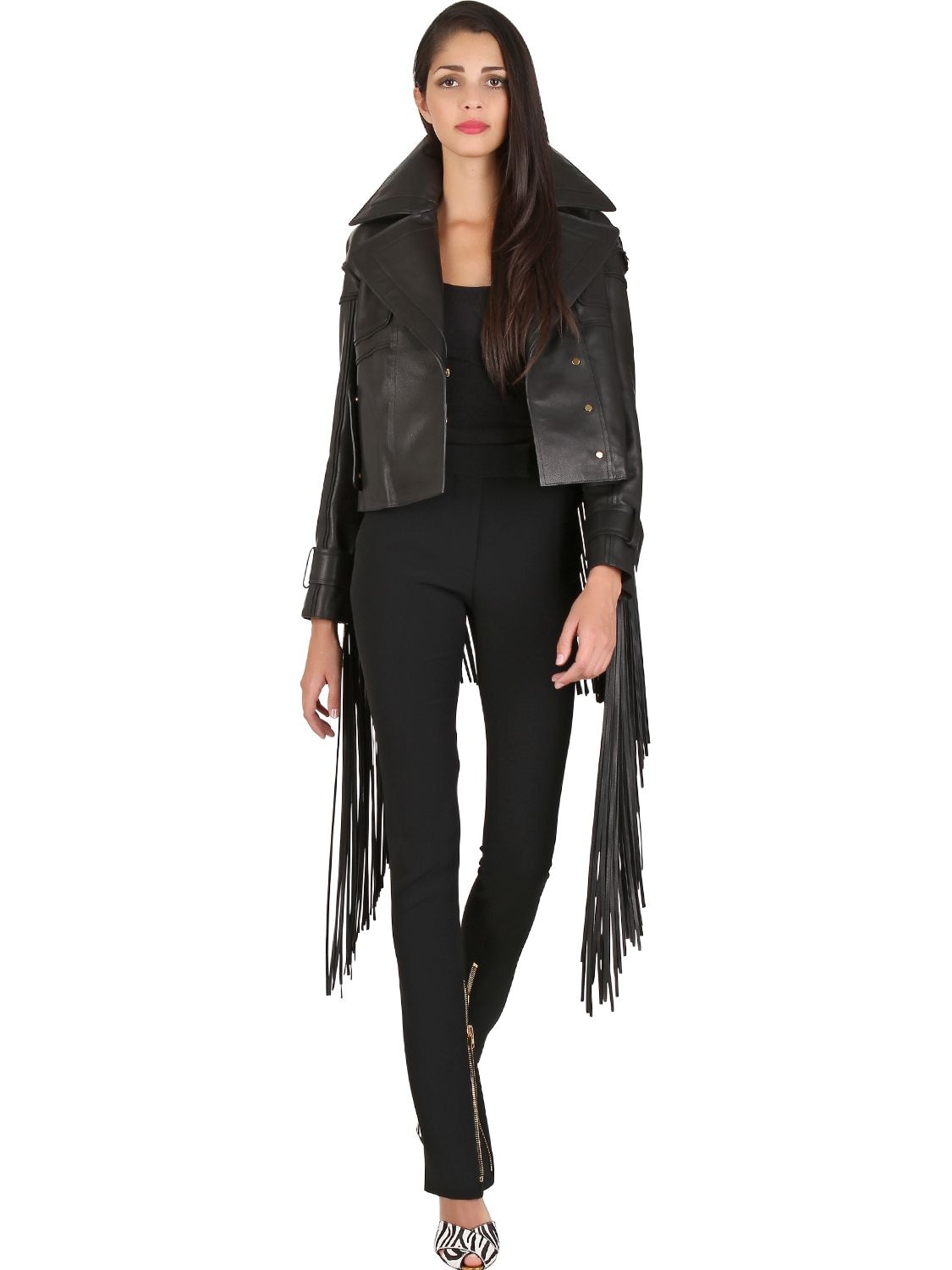 Tom Ford Cropped Leather Jacket With Fringe In Black