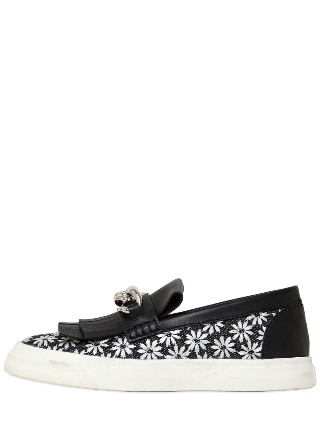 Giuseppe Zanotti Chained Daisy Canvas Slip On Sneakers In Black,white