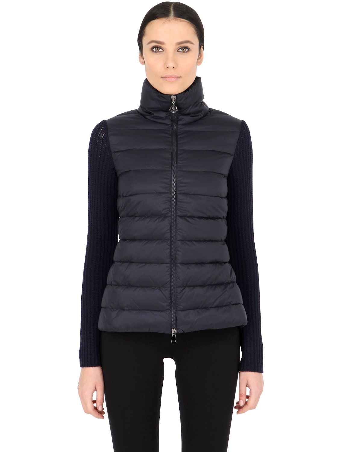 Moncler Wool Knit & Quilted Nylon Jacket In Navy