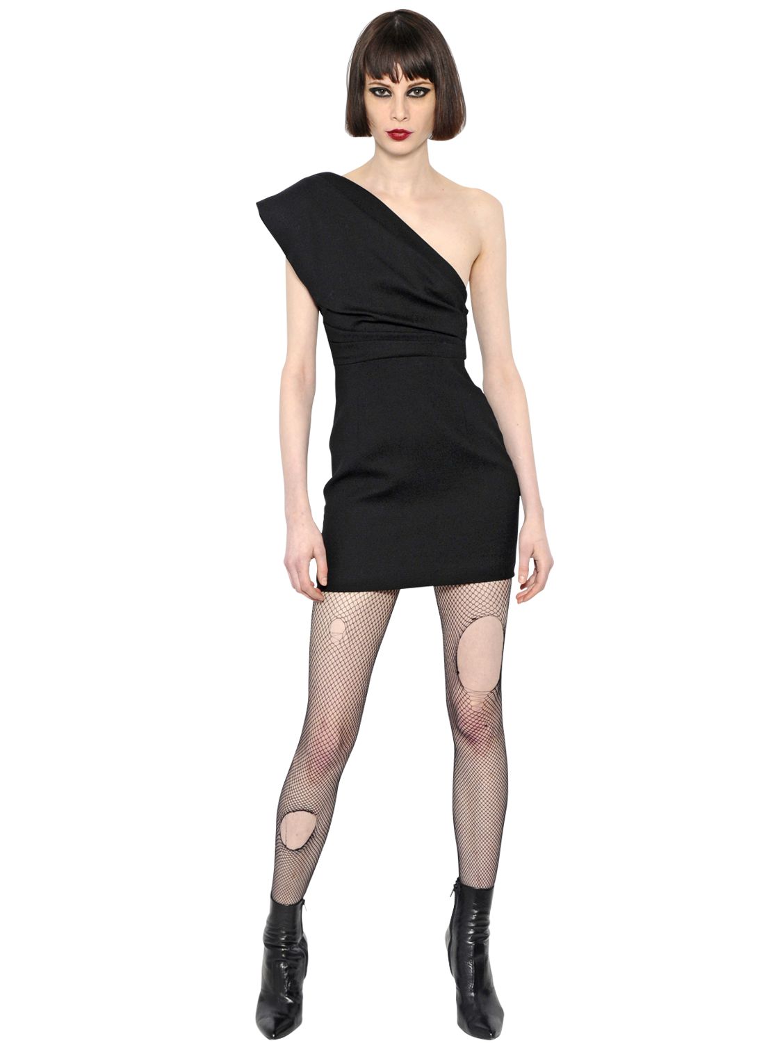 DRAPED ONE SHOULDER WOOL CREPE DRESS