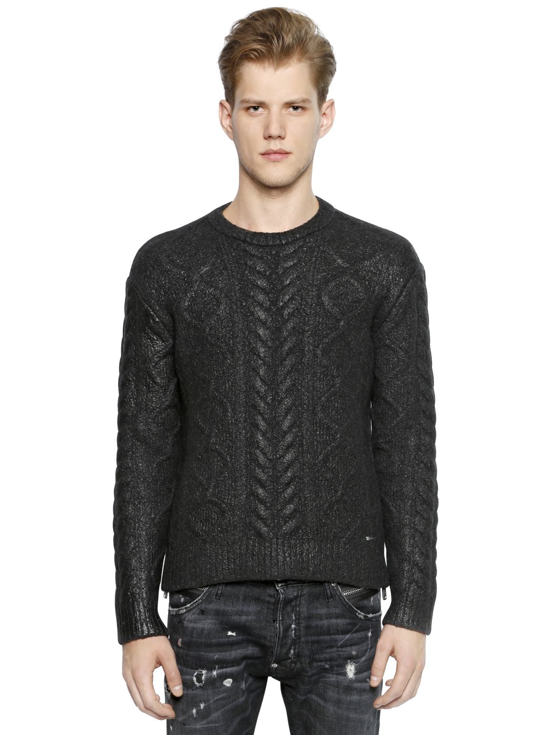 Dsquared2 Coated Wool Blend Cable Knit Sweater In Black