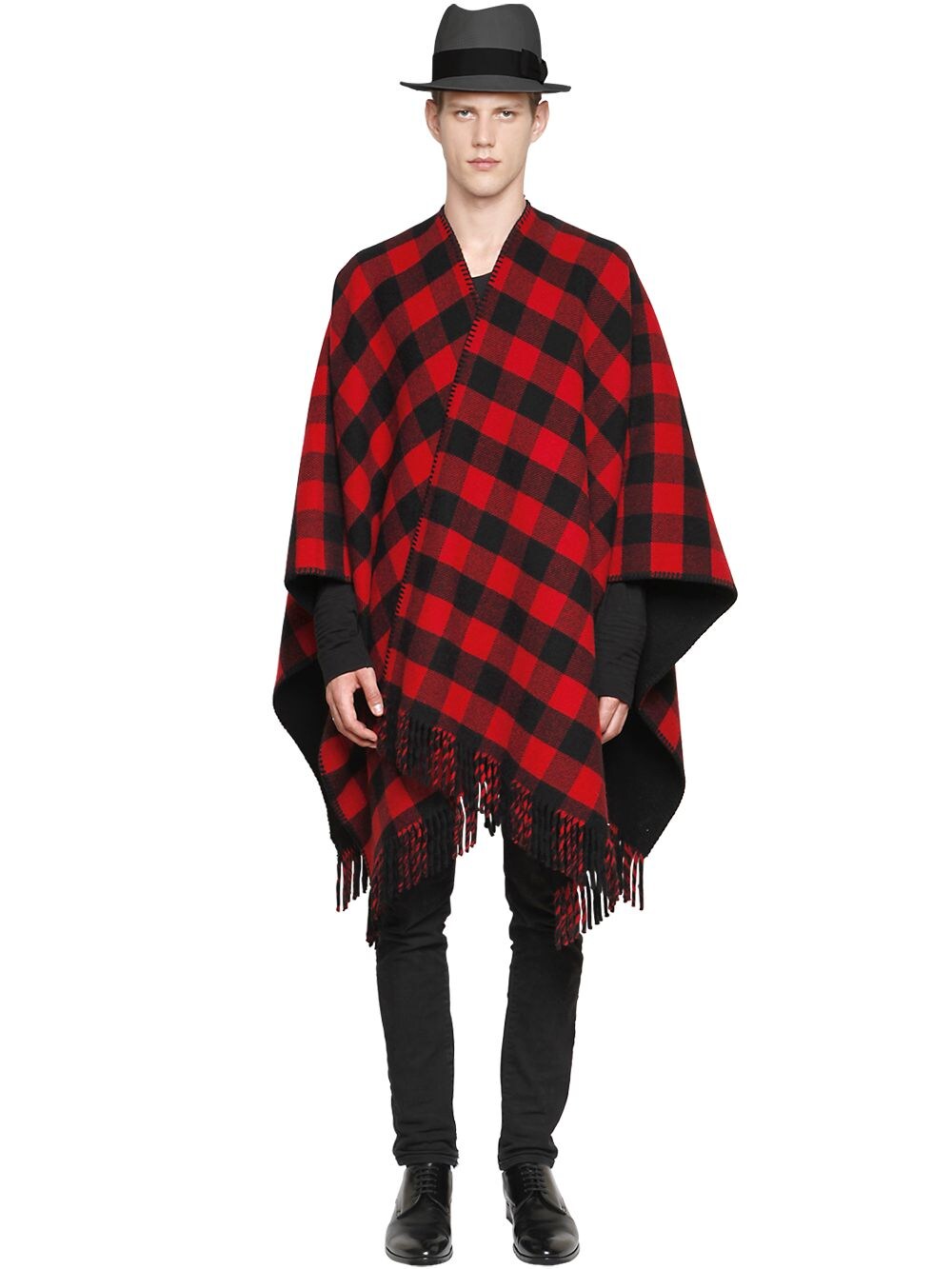 CHECKED WOOL BLEND CAPE