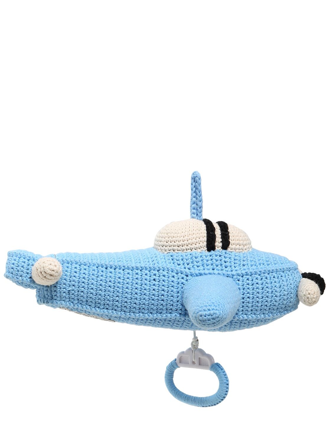 Anne-claire Petit Kids' Hand-crocheted Airplane With Music Box In Light Blue
