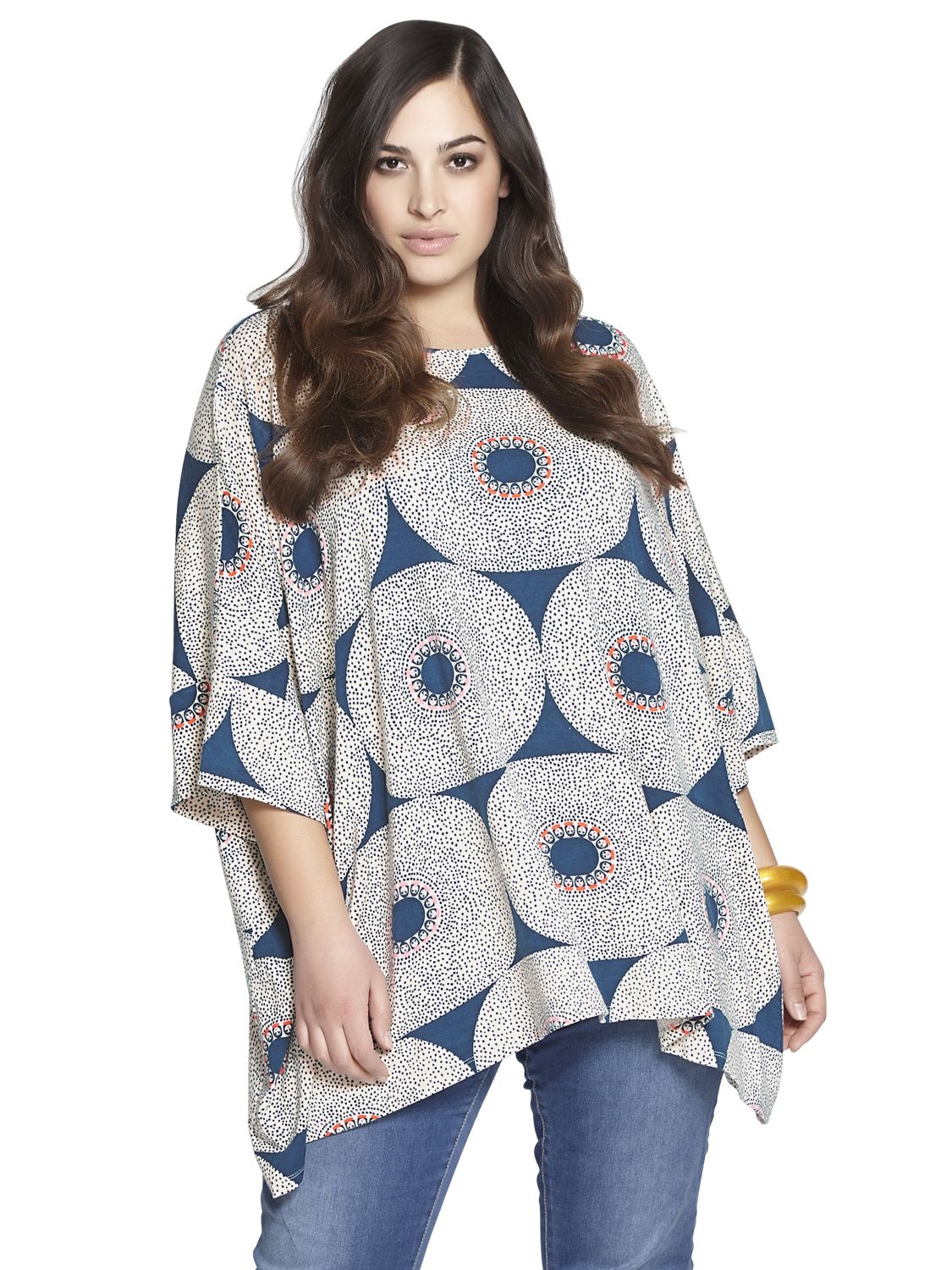 Beth Ditto Printed Stretch Rayon Tunic Top In Blue/off White