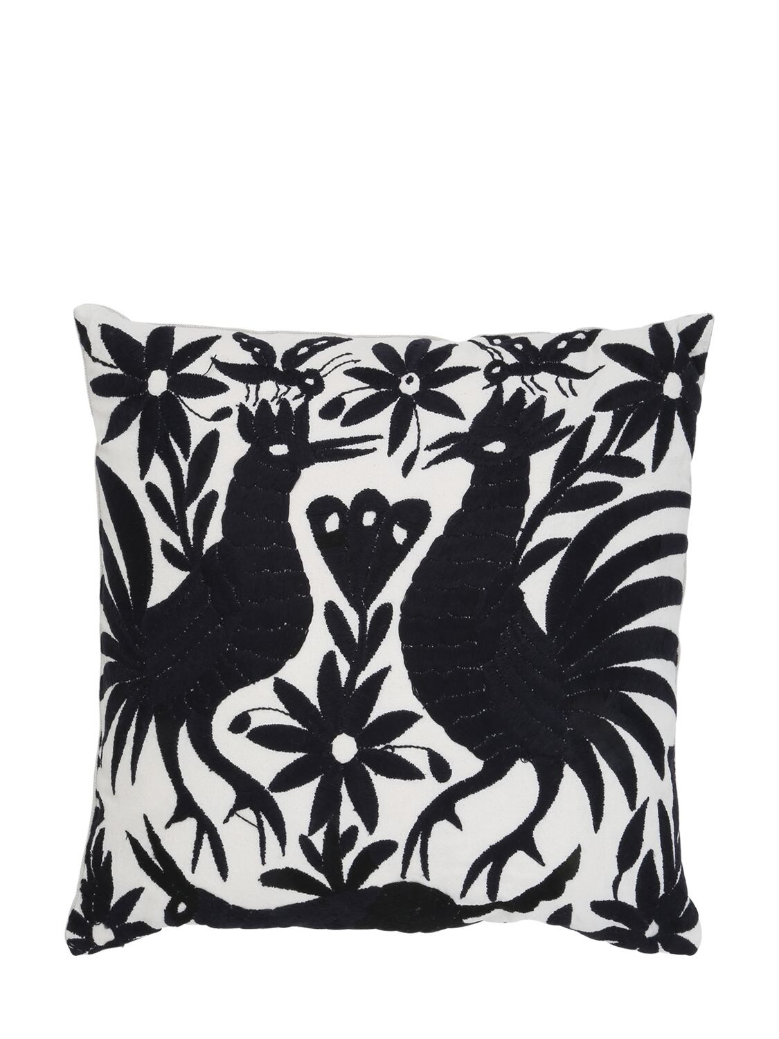 Aniza Oto Hand-embroidered Feather Pillow In Beige/black