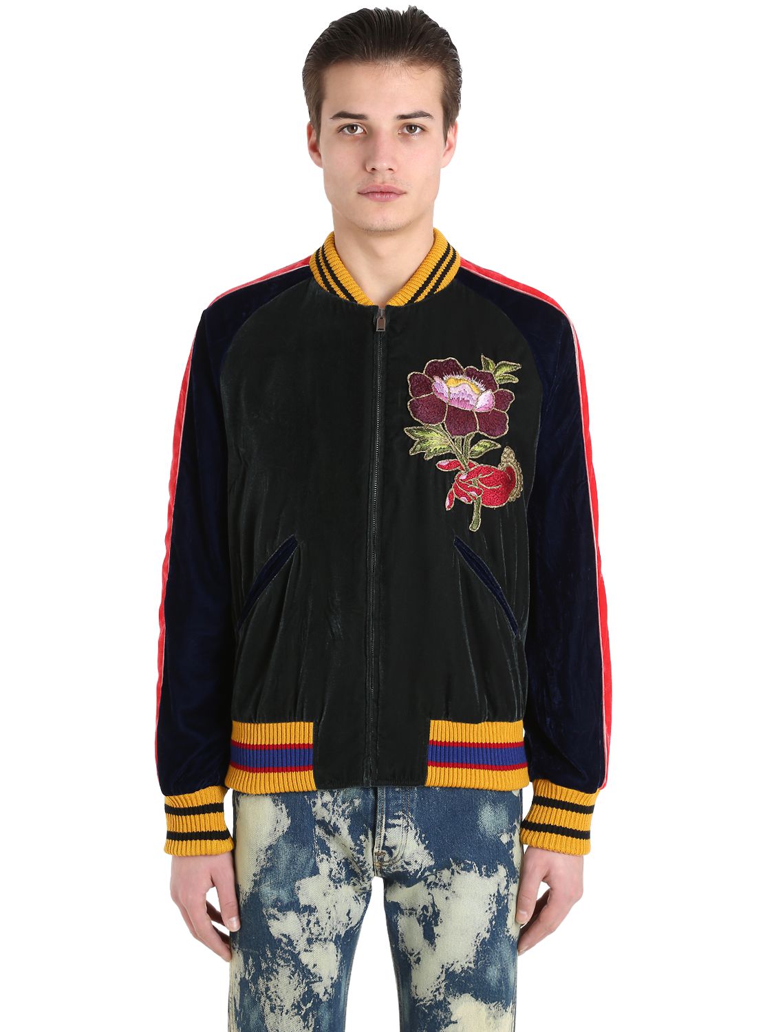 EMBROIDERED LIGHT VELVET BOMBER JACKET