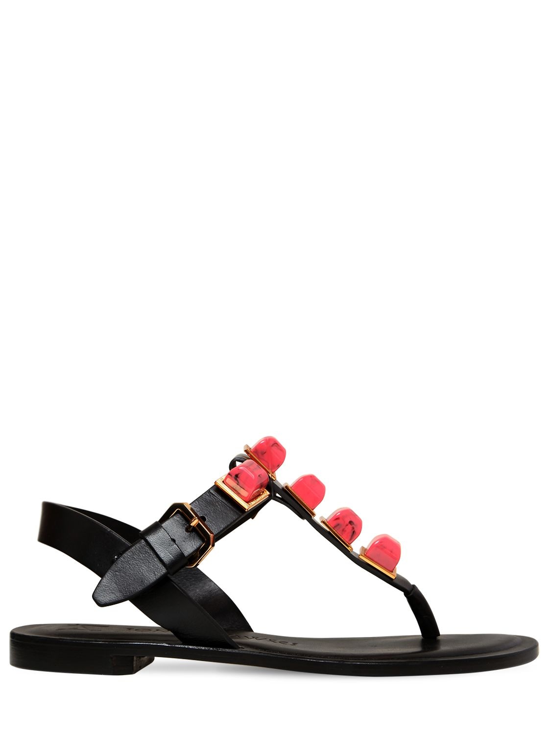 Tonya Hawkes 10mm Gaia Resin Stones Leather Sandals In Black,coral