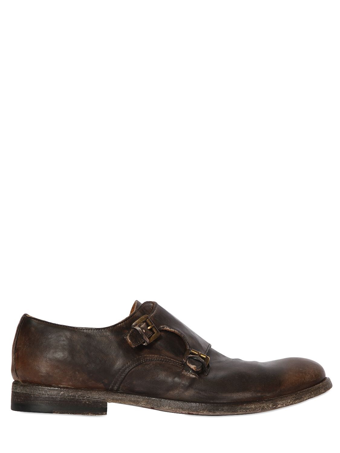 Shoto Washed Leather Monk Strap Shoes In Brown