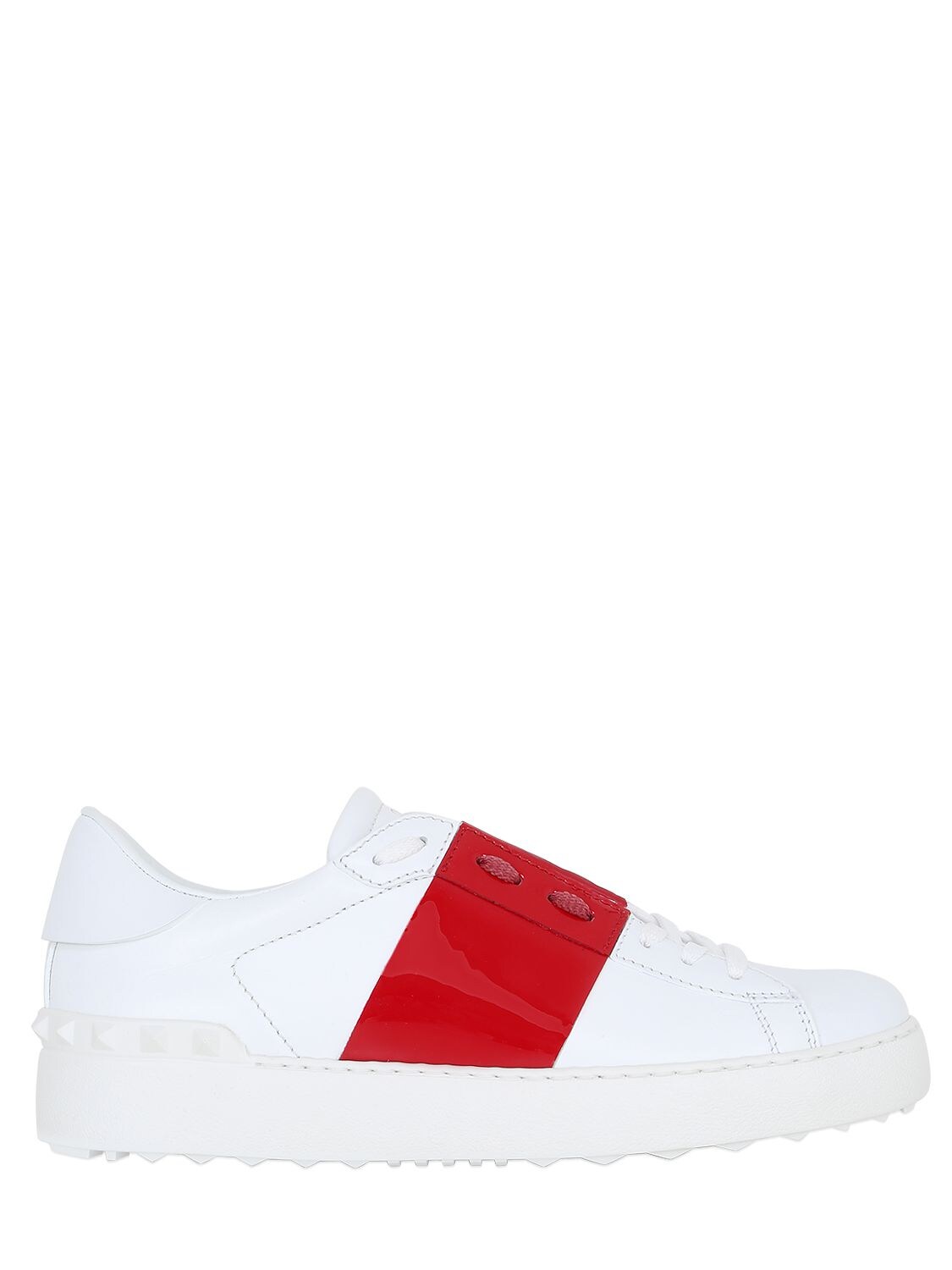 Valentino Garavani Open Leather Sneakers With Patent Band In White/red