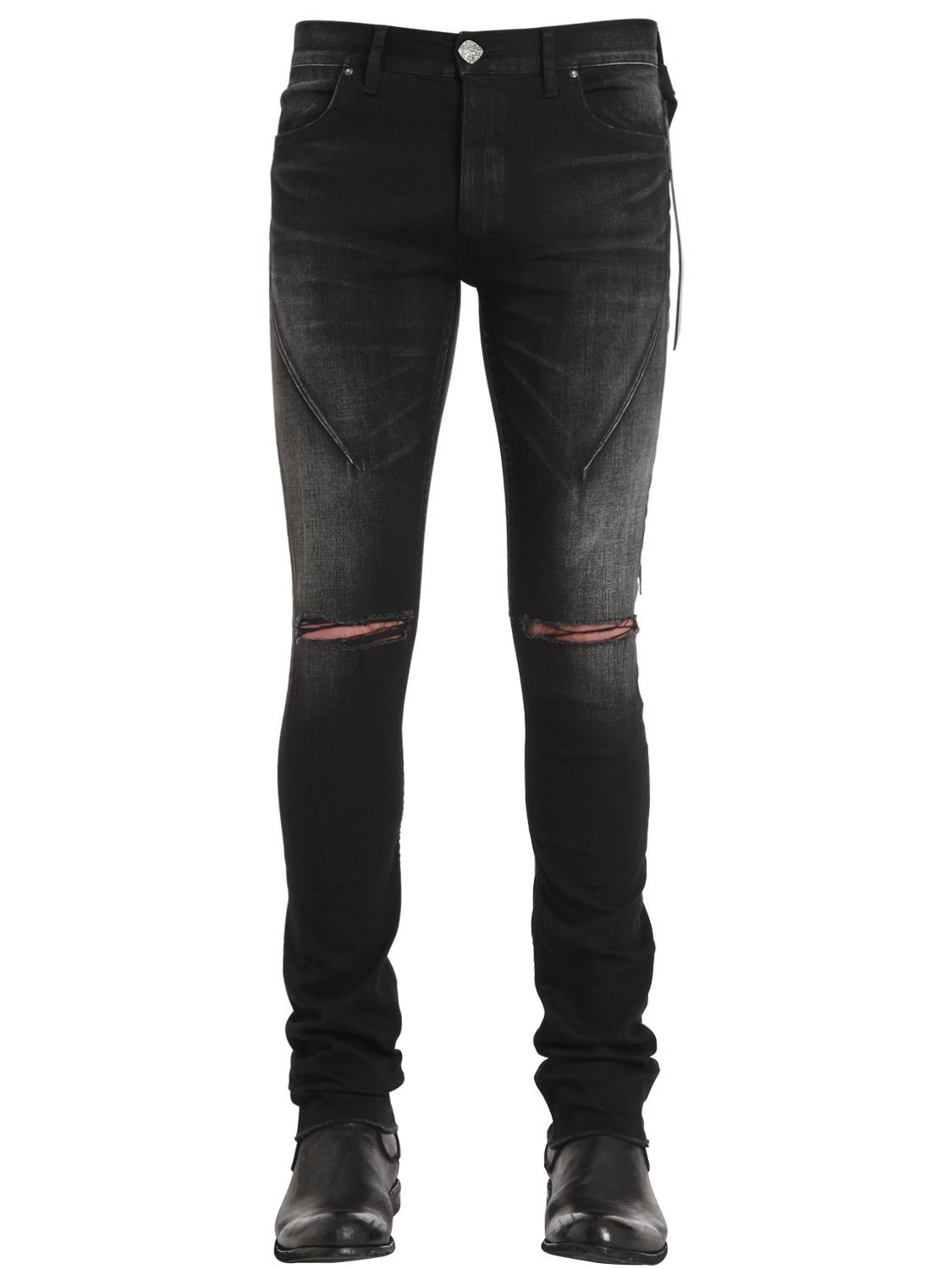 Seigeki 16cm Skinny Washed Broken Denim Jeans In Black