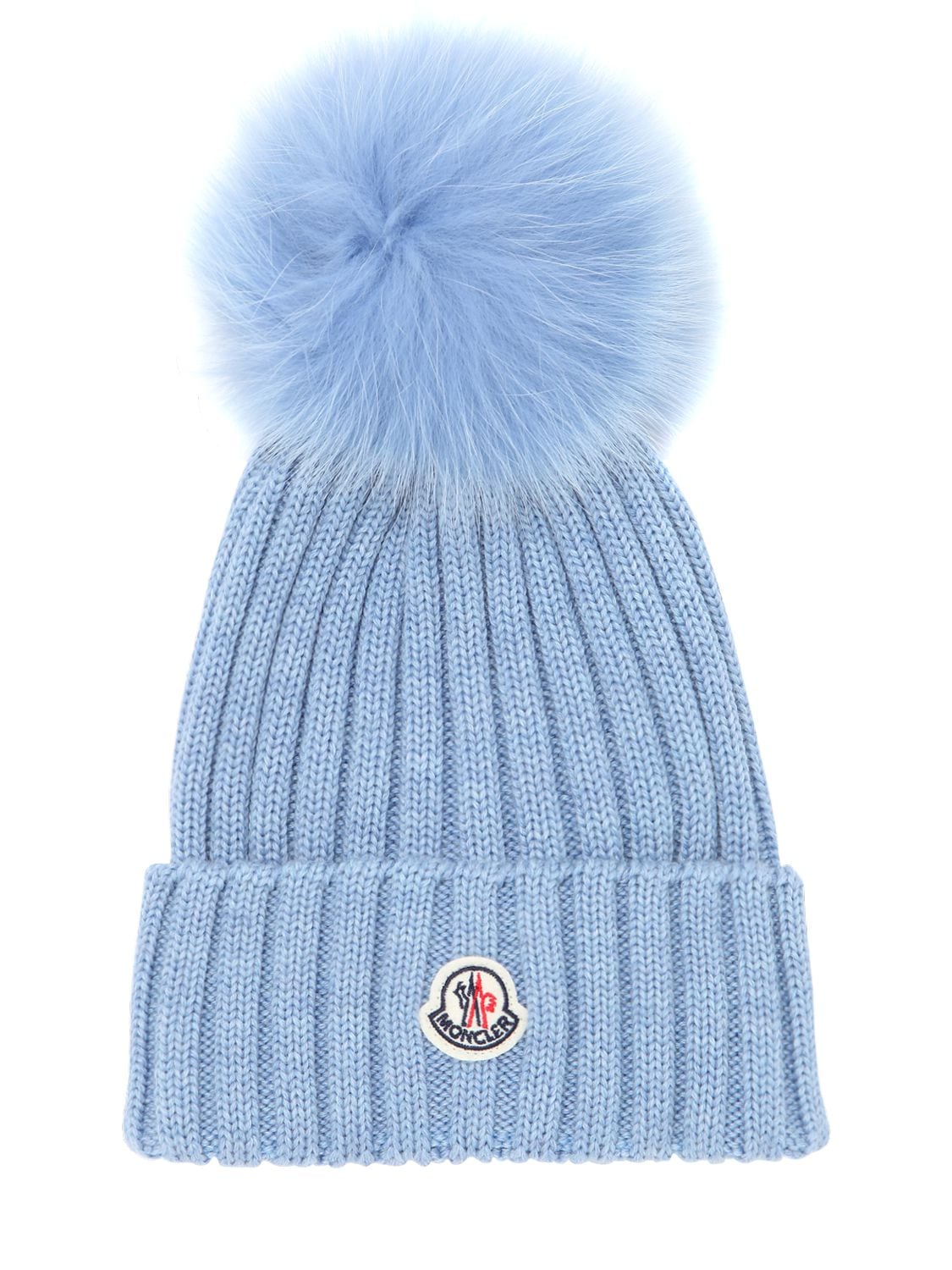 Moncler Wool Knit Beanie Hat W/ Fox Pompom In Blue