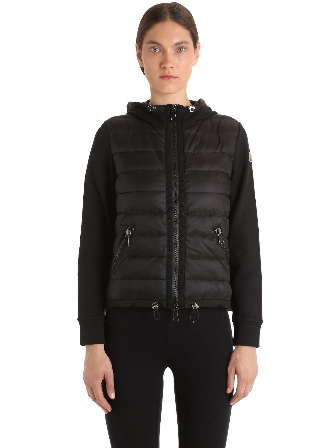 Moncler Hooded Nylon & French Terry Down Jacket In Black