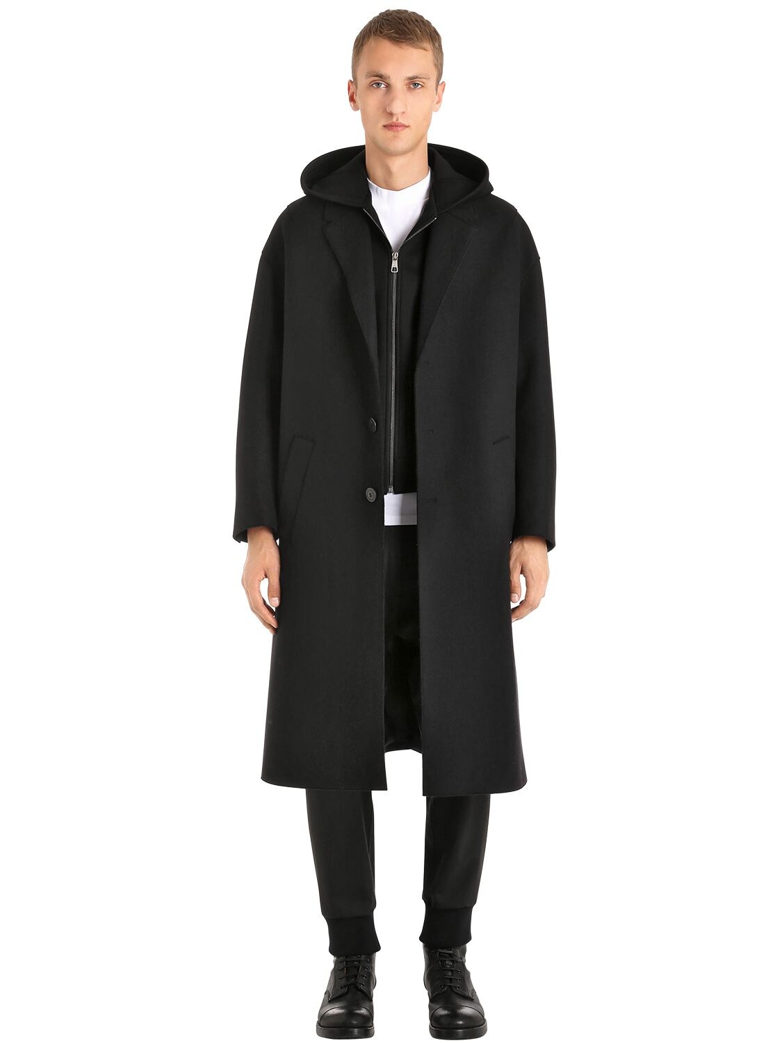 Neil Barrett Wool Cloth Coat W/ Hooded Neoprene Waistcoat In Black