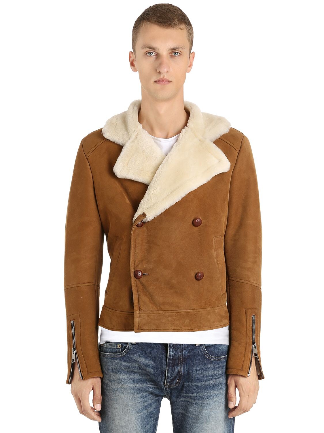 Giocasta Double Breasted Shearling Jacket In Brown