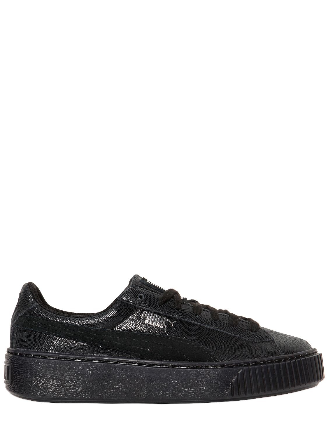 Puma Basket Platform Leather Sneakers In Black