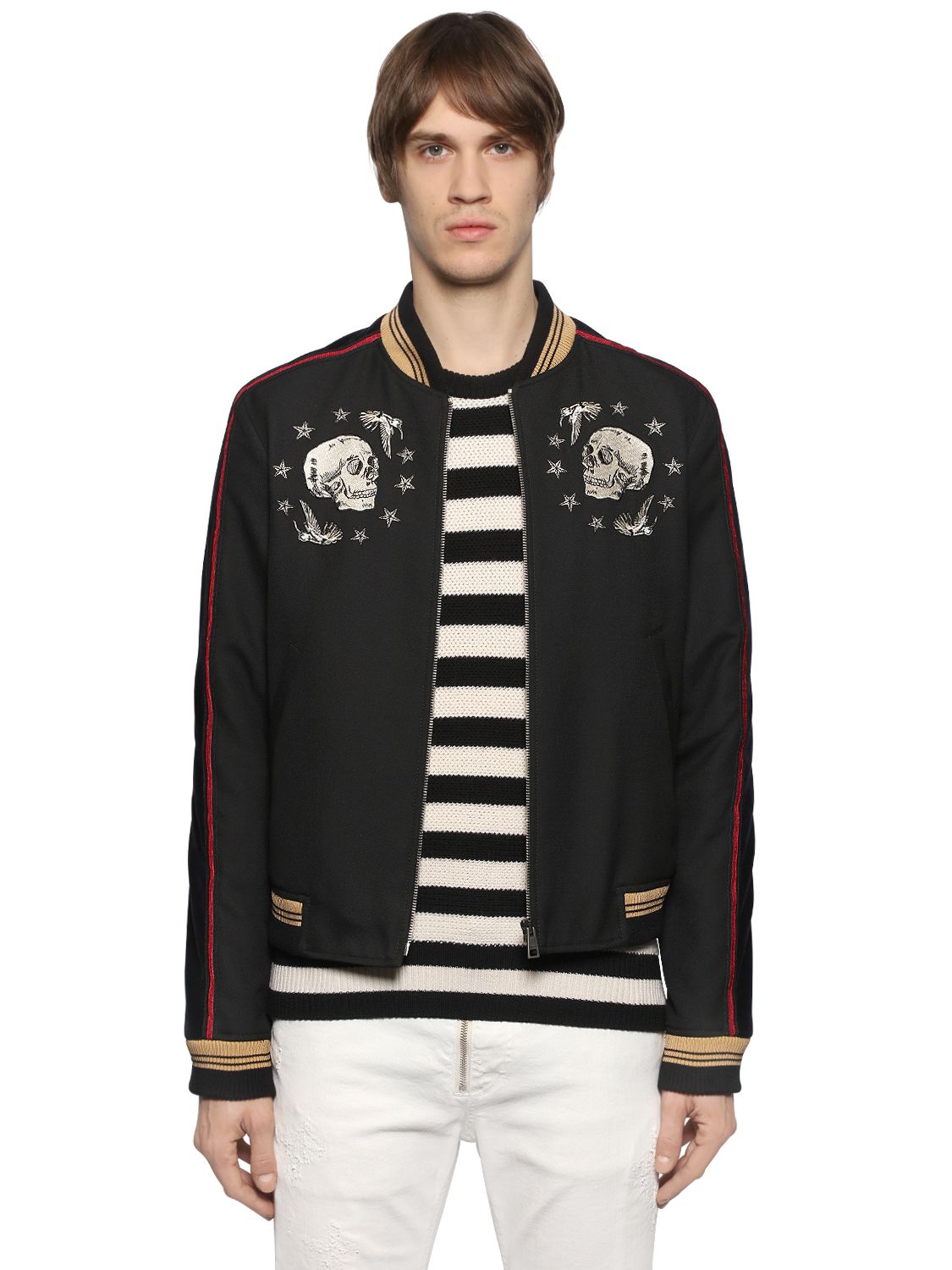 EMBROIDERED TWILL & VELVET BOMBER JACKET