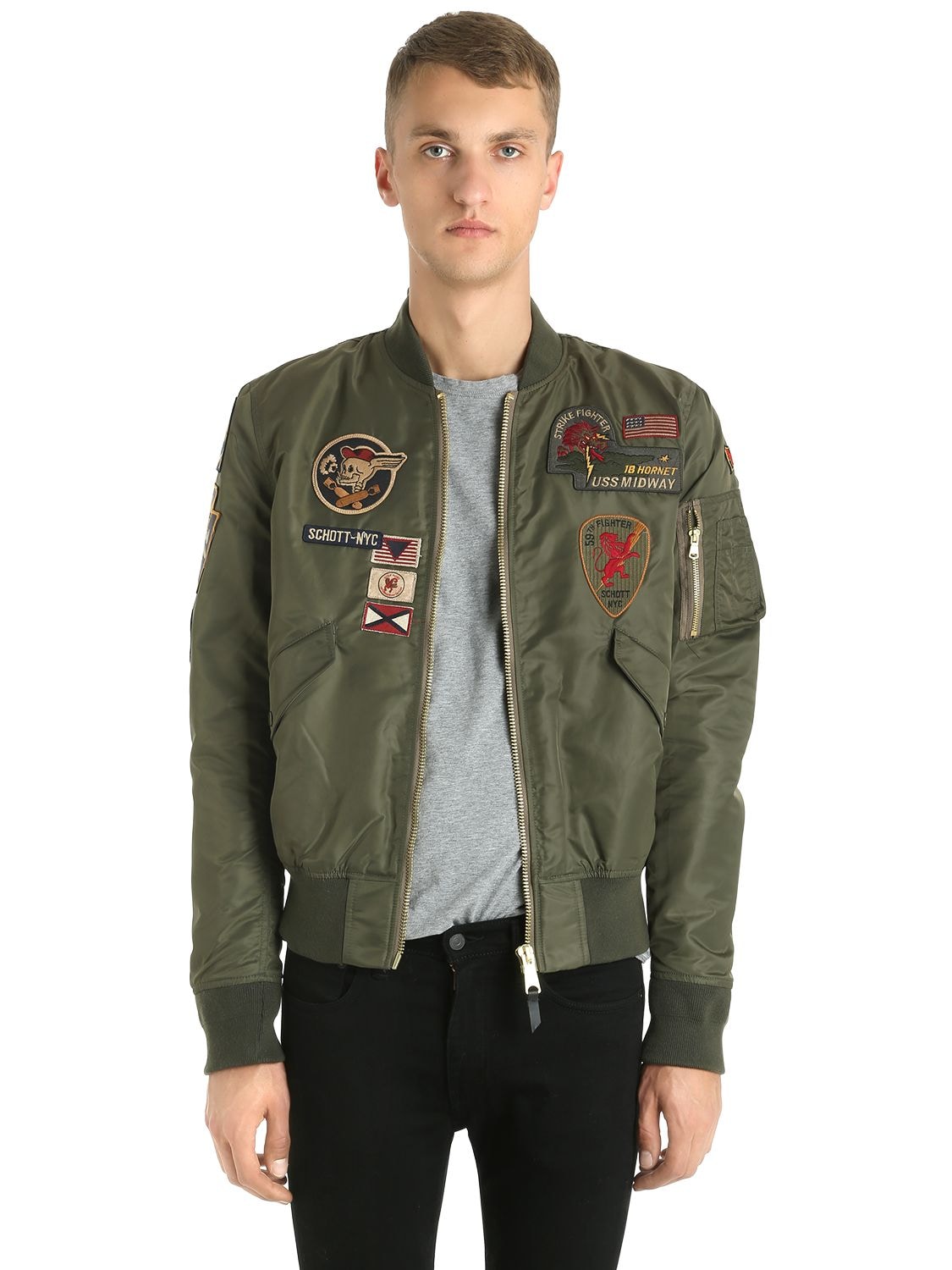 Schott American College Nylon Bomber Jacket In Army Green | ModeSens