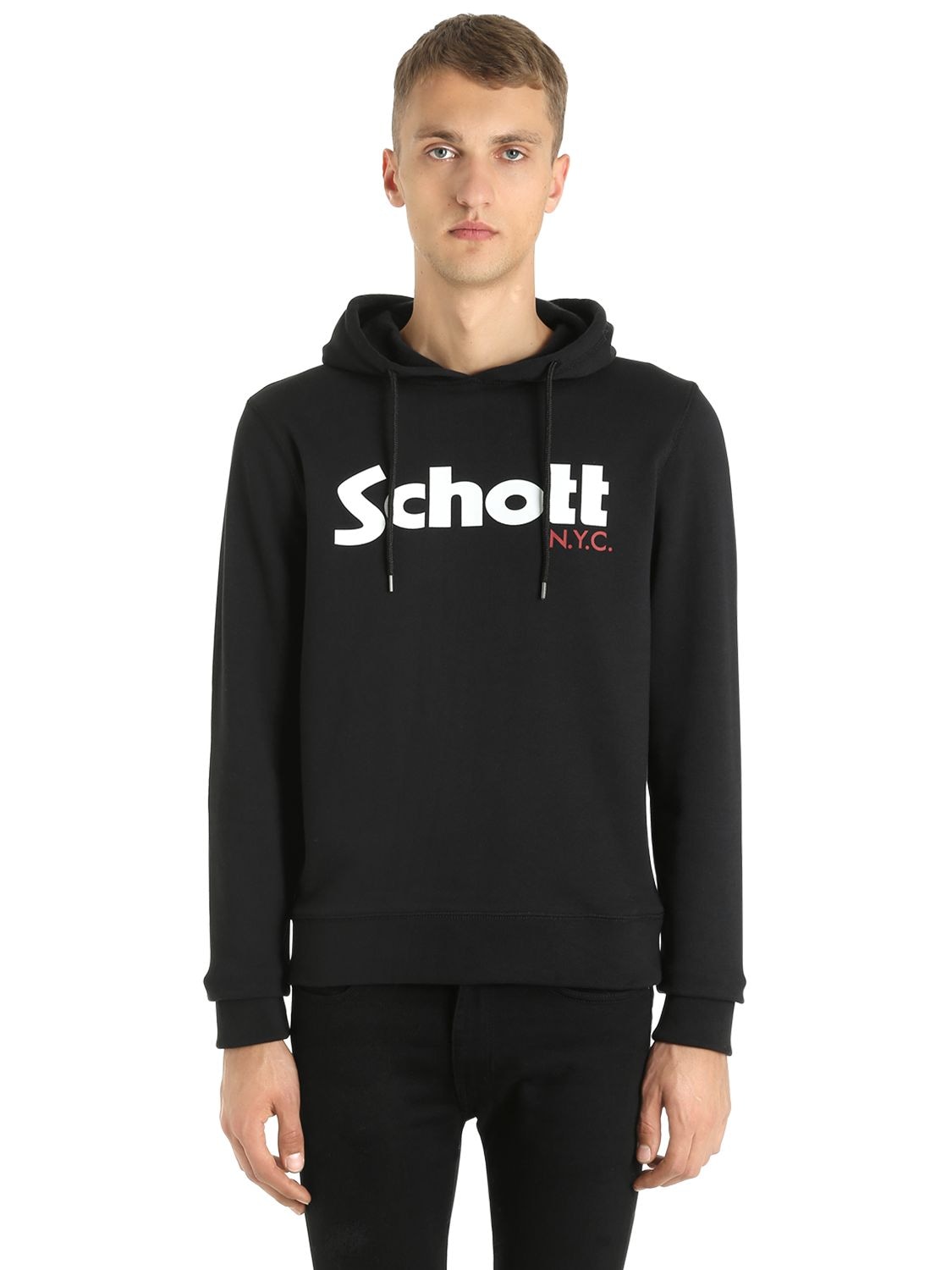 Schott Hooded Logo Cotton Sweatshirt In Black