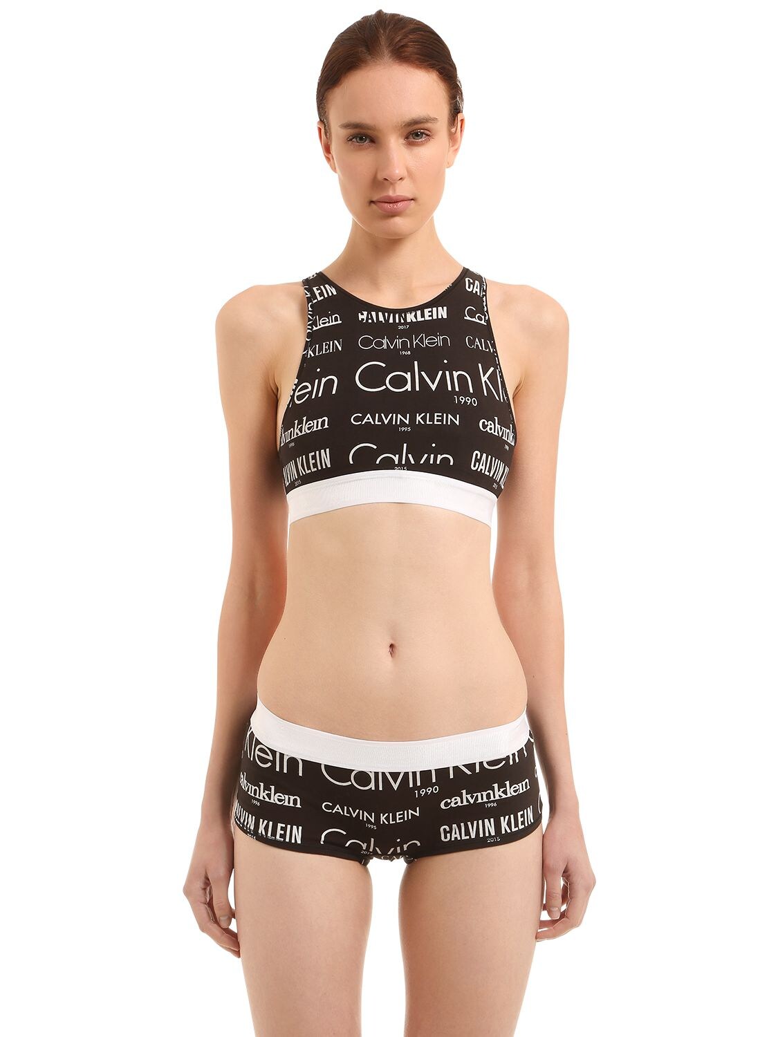 Calvin Klein Underwear Logo Printed Cotton Jersey Bra Top In Black