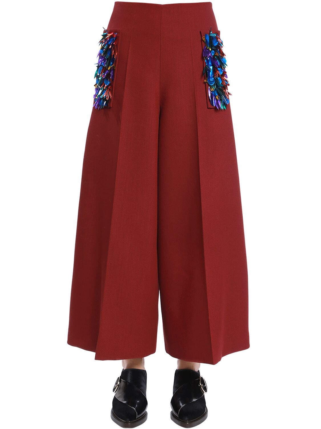 DELPOZO COOL WOOL WIDE PANTS W/ SEQUINED POCKETS,66I51G002-MZEZ0