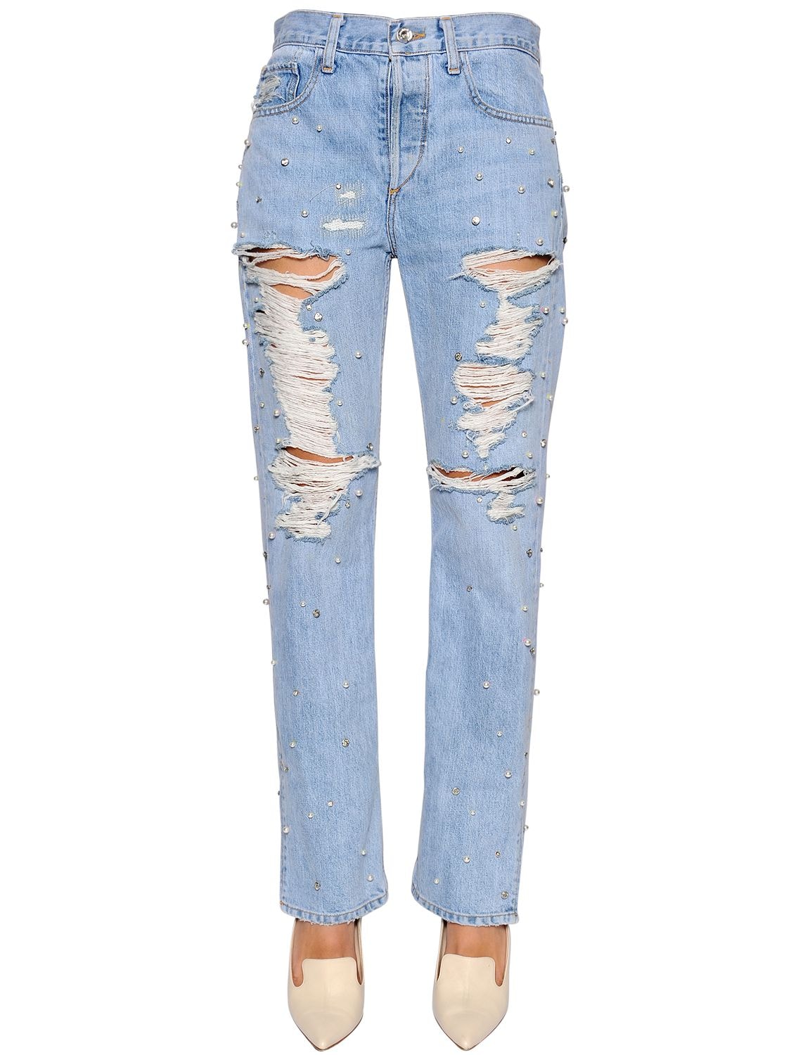 Jonathan Simkhai Boyfriend Embellished Ripped Denim Jeans In Light Blue