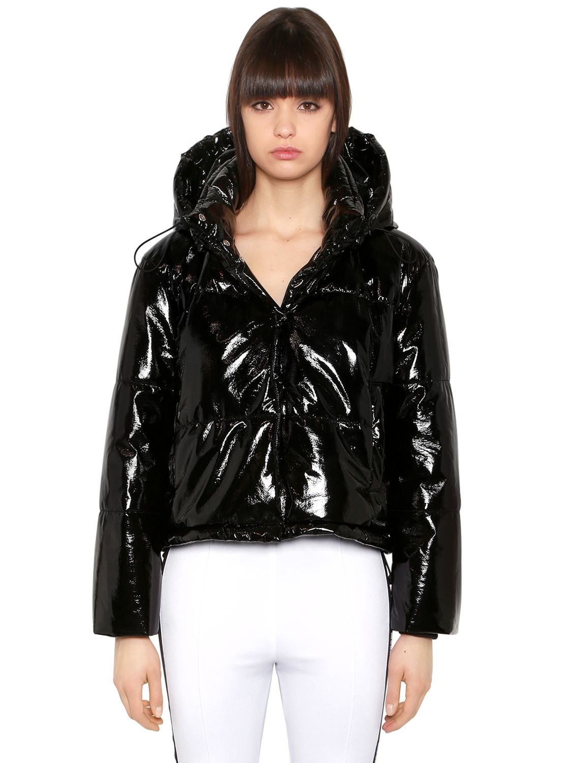 hooded vinyl puffer jacket