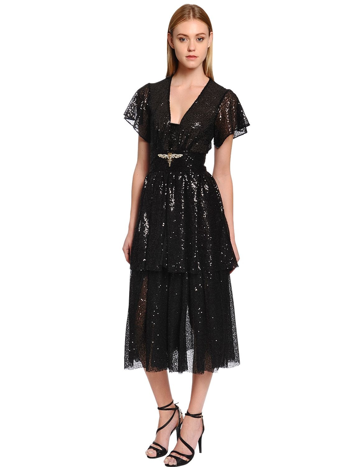 Ingie Sequined Midi Dress W/ Crystal Dragonfly In Black
