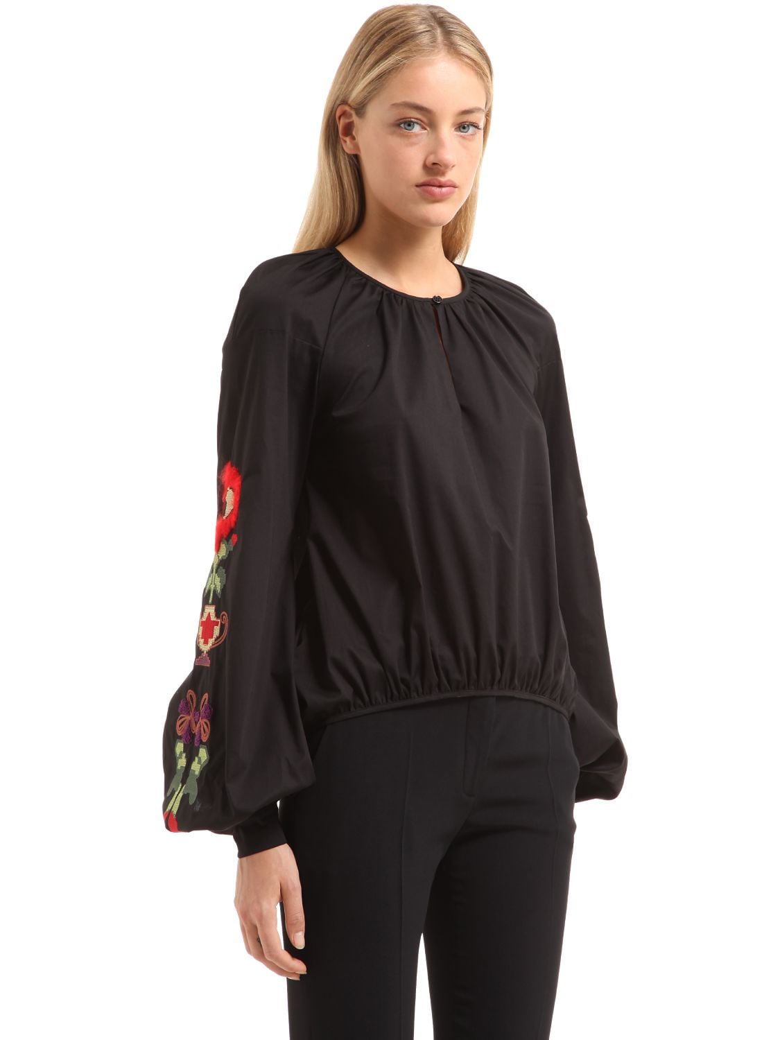 Stella Jean Floral-embroidered Stretch-cotton Blouse In Black