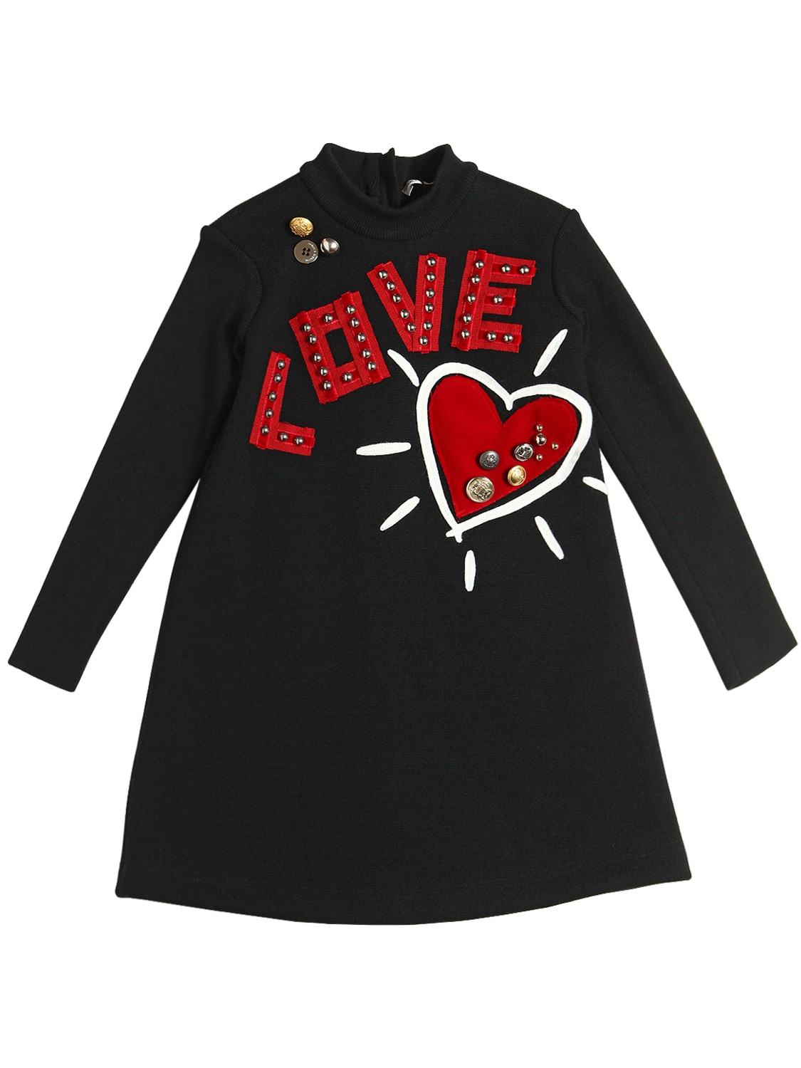 Dolce & Gabbana Kids' Love & Heart Patches Wool Sweater Dress In Black