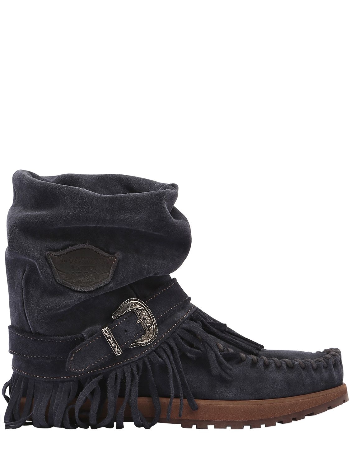 El Vaquero 70mm Lena Fringed Suede Wedged Boots In Blue
