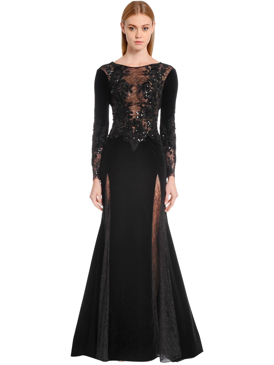 Zuhair Murad Long Sleeve Embroidered Velvet Evening Gown With Lace