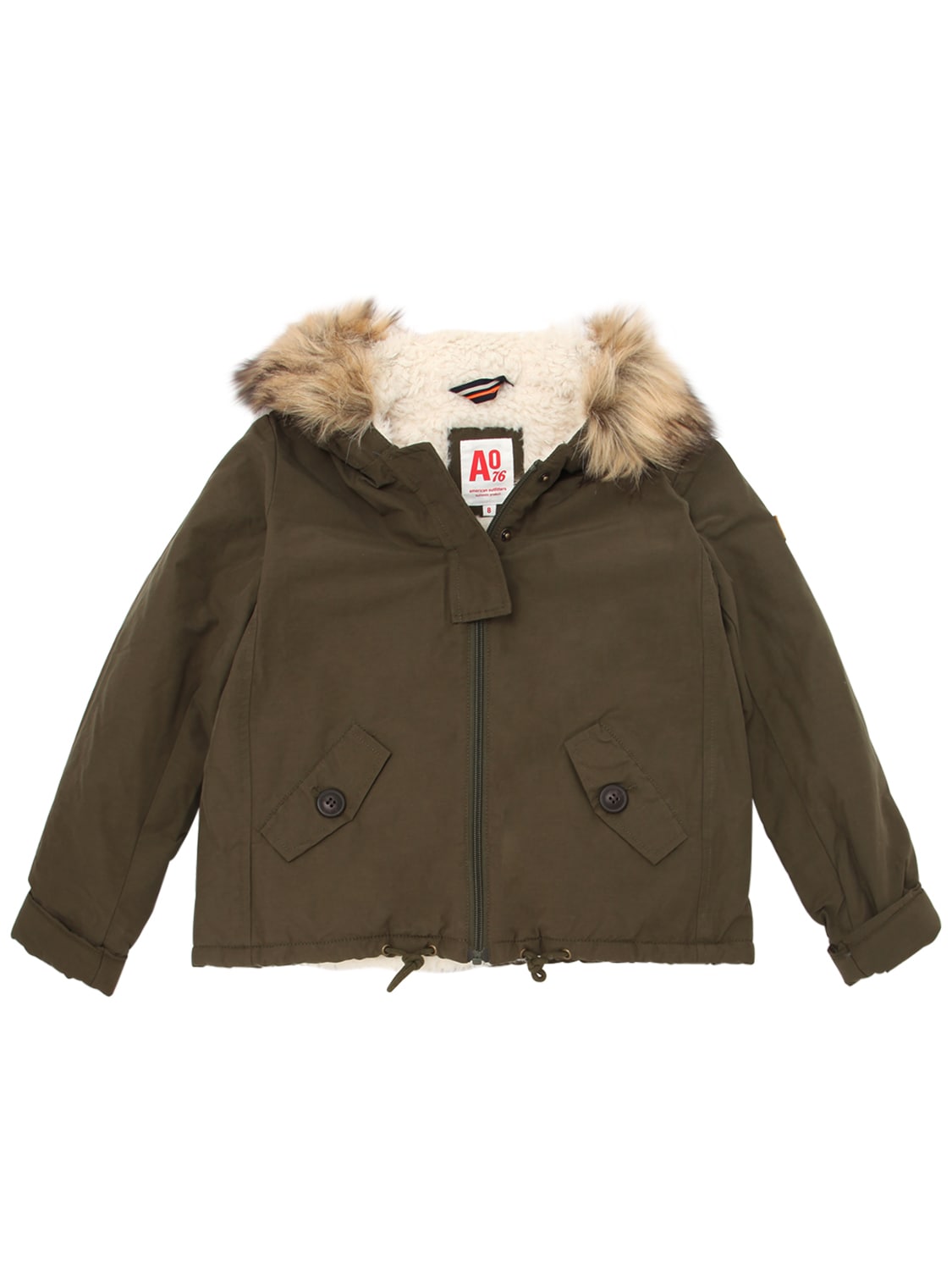 American Outfitters Kids' Cotton Canvas Jacket W/ Faux Fur In Military Green