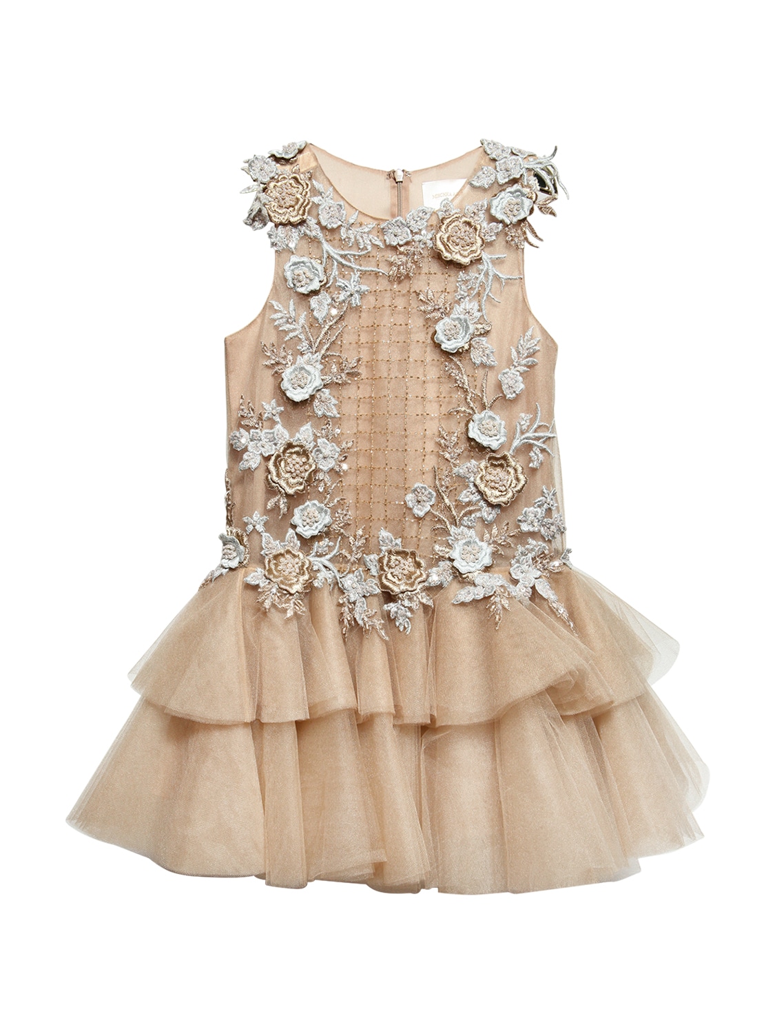 Mischka Aoki Kids' Floral Embellished Tulle Dress In Champagne