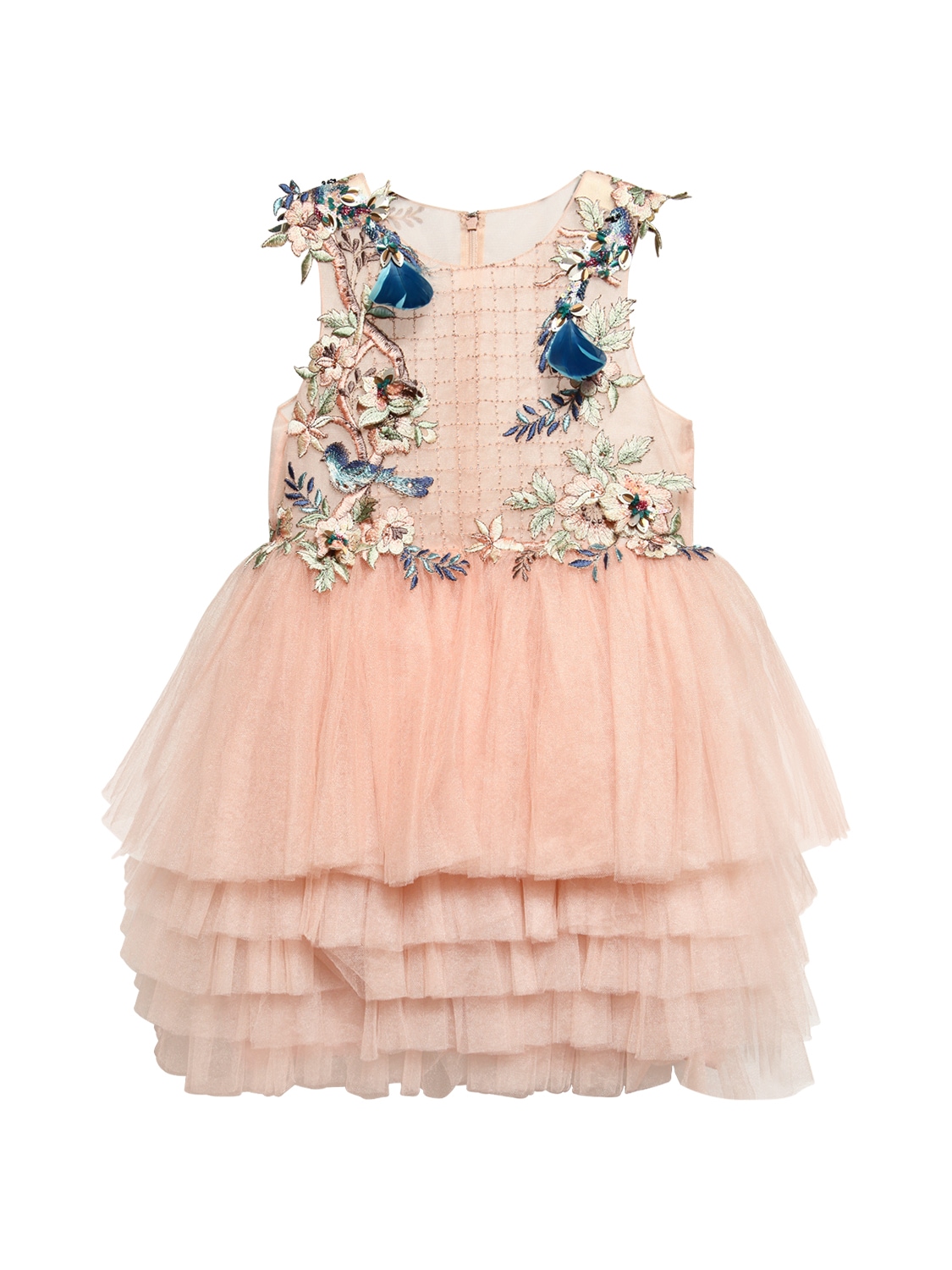 Mischka Aoki Flowers & Birds Embellished Tulle Dress