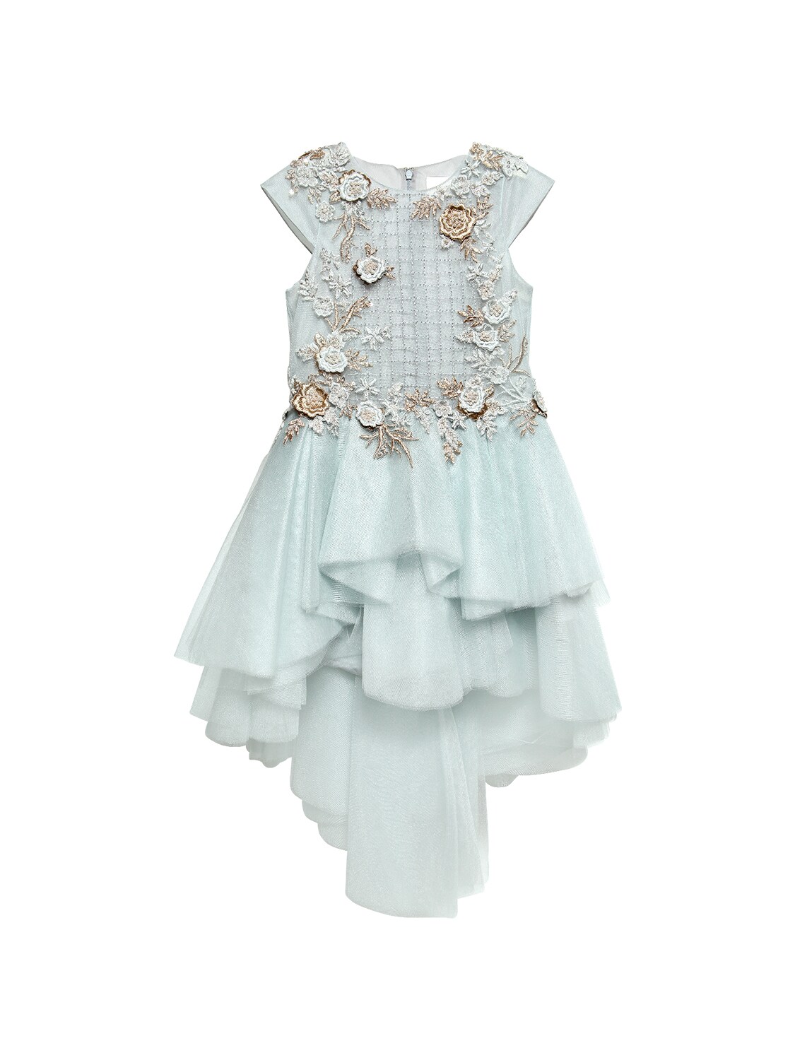 Mischka Aoki Kids' Floral Embellished Tulle Party Dress In Light Blue