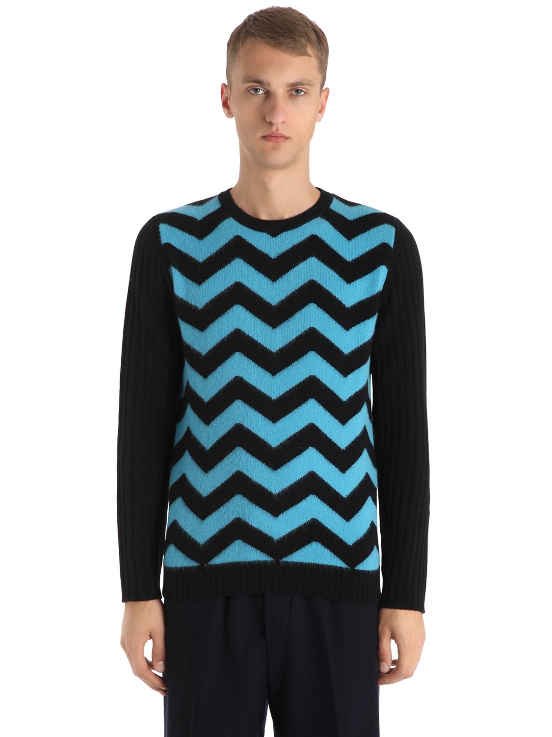 Mp Massimo Piombo Chevron Wool Knit Sweater In Sky Blue/black