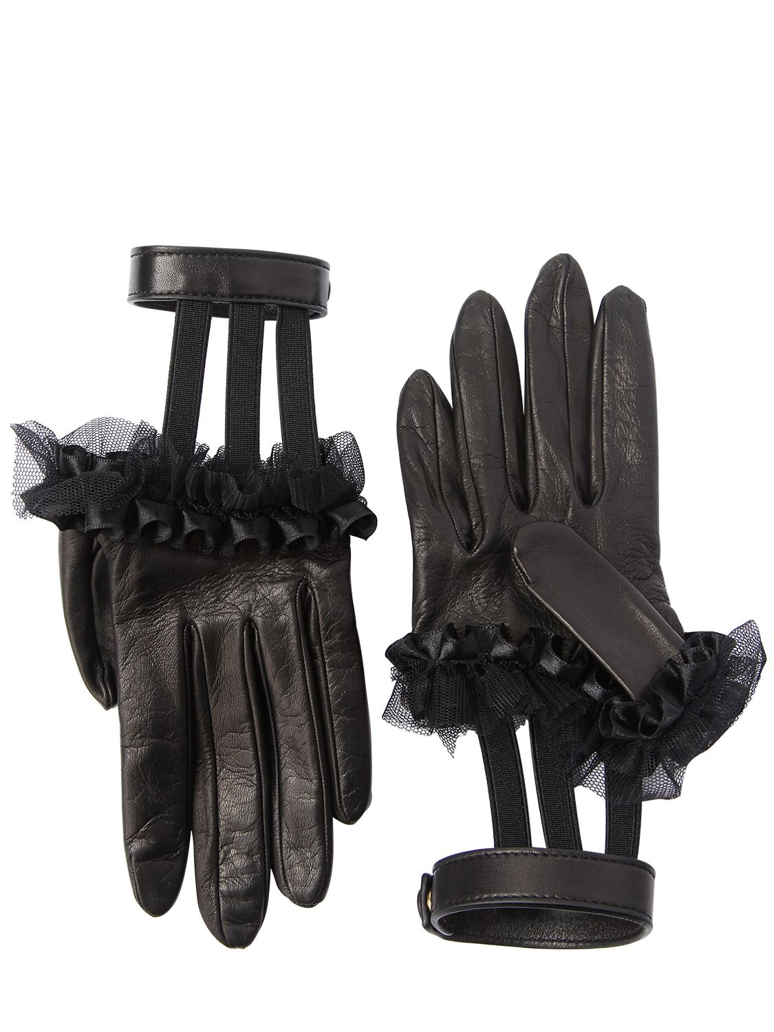 Gucci Ruffled Leather Gloves W/ Wrist Strap In Black