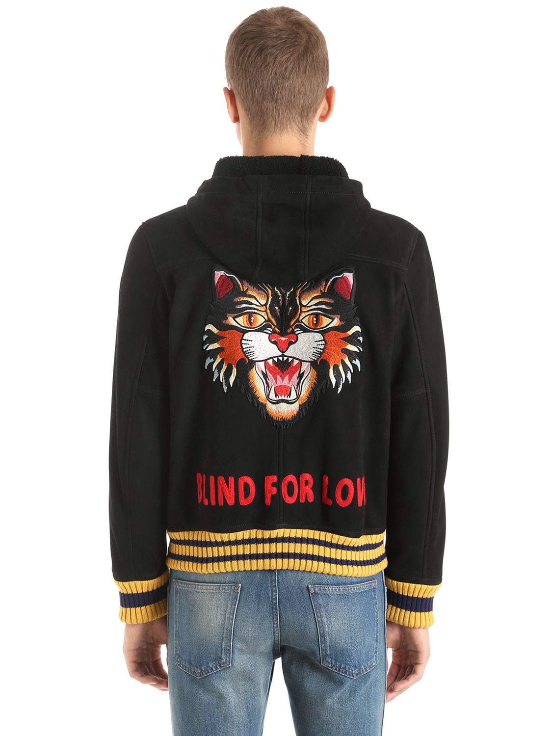 Gucci Angry Cat Hooded Shearling Bomber Jacket In Black