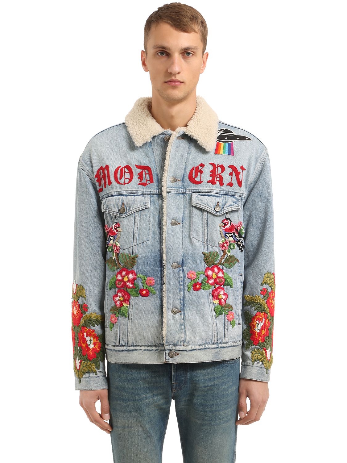 Gucci Blue Denim Shearling Embroidered 