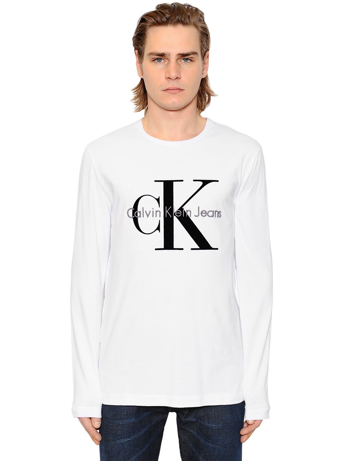 Calvin Klein Jeans Est.1978 Logo Flocked Jersey Long Sleeve T-shirt In White