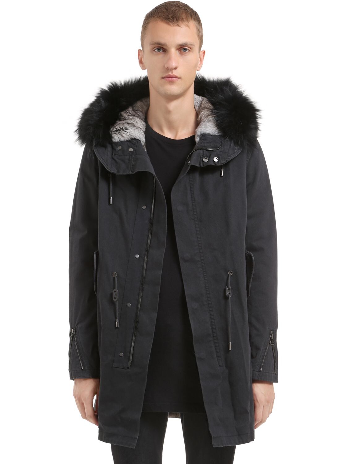 Yves Salomon Fitted Canvas Parka W/ Fur Trim & Lining In Washed Black