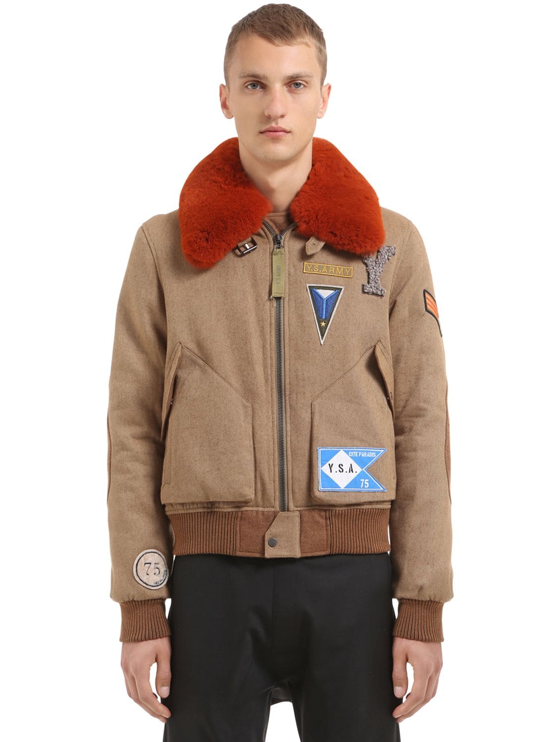 Wool Blend Bomber Jacket W/ Fur Collar
